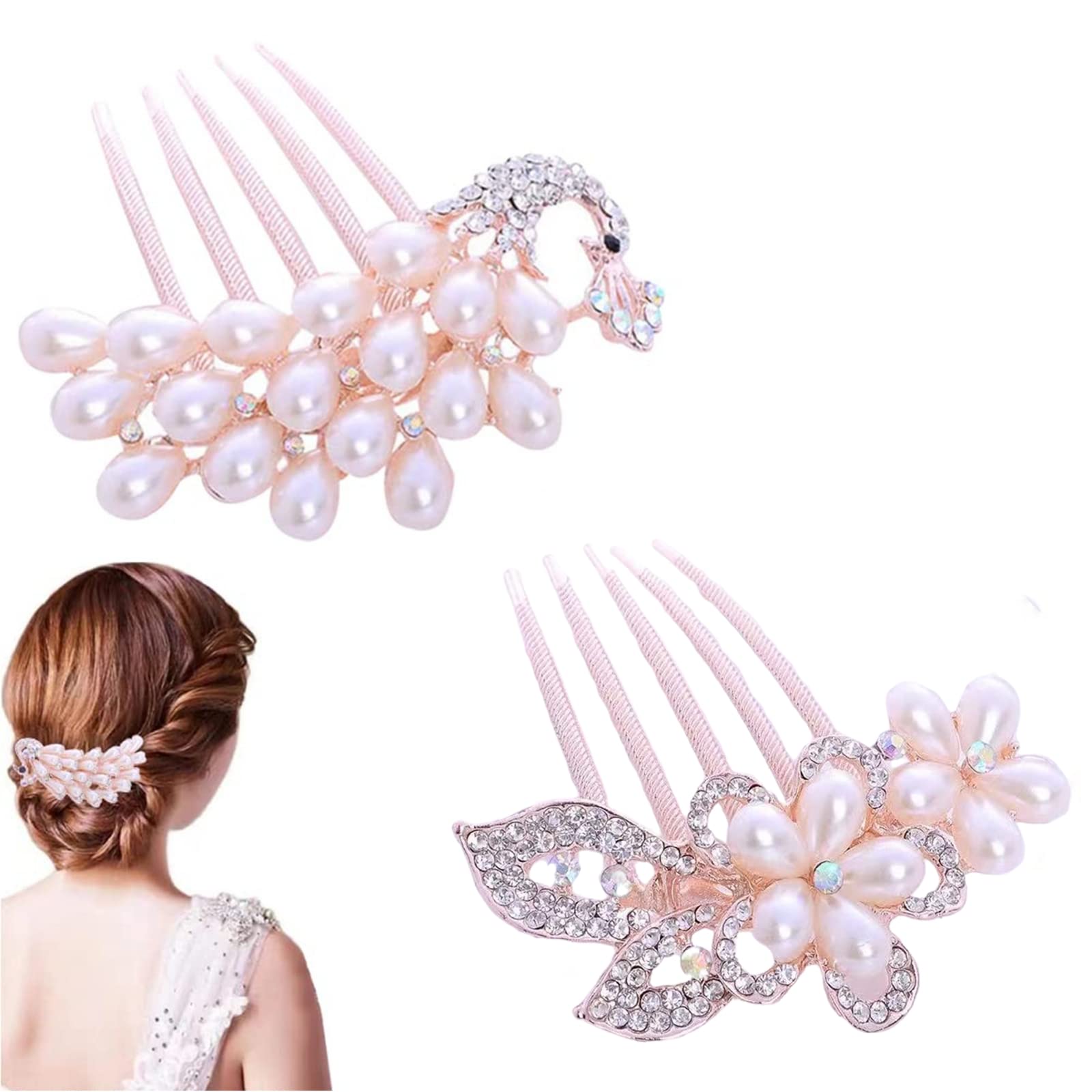 SAIFEI 2-Piece Ladies Rhinestone Pearl Hair Comb Accessories Shiny Gift for Girls (Peacock + Petals)