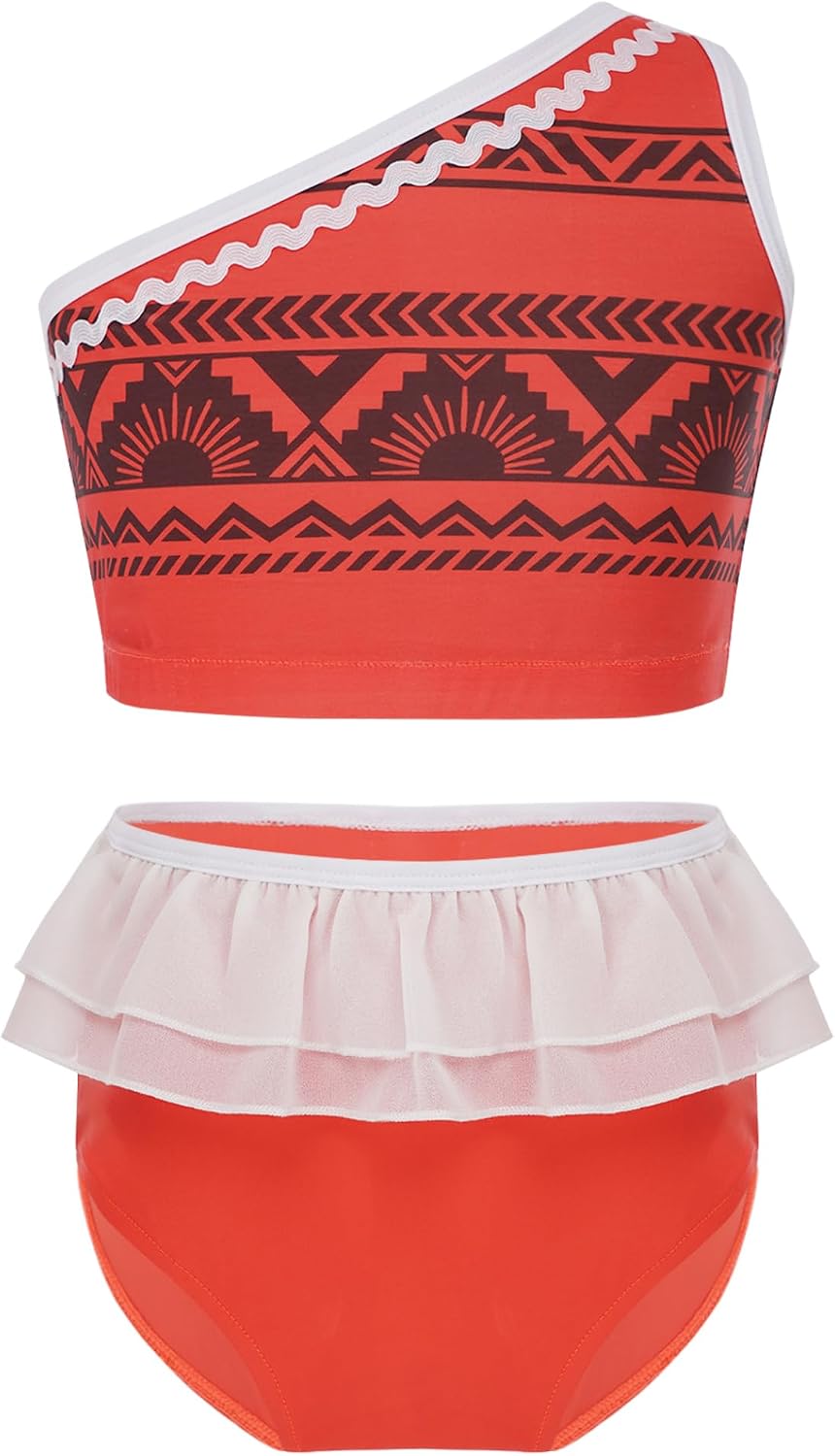 Kids Girls Adventure Bathing Suit Swimwear 2 Piece Swimsuit One Shoulder Sleeveless Swim Suits and Ruffle Briefs