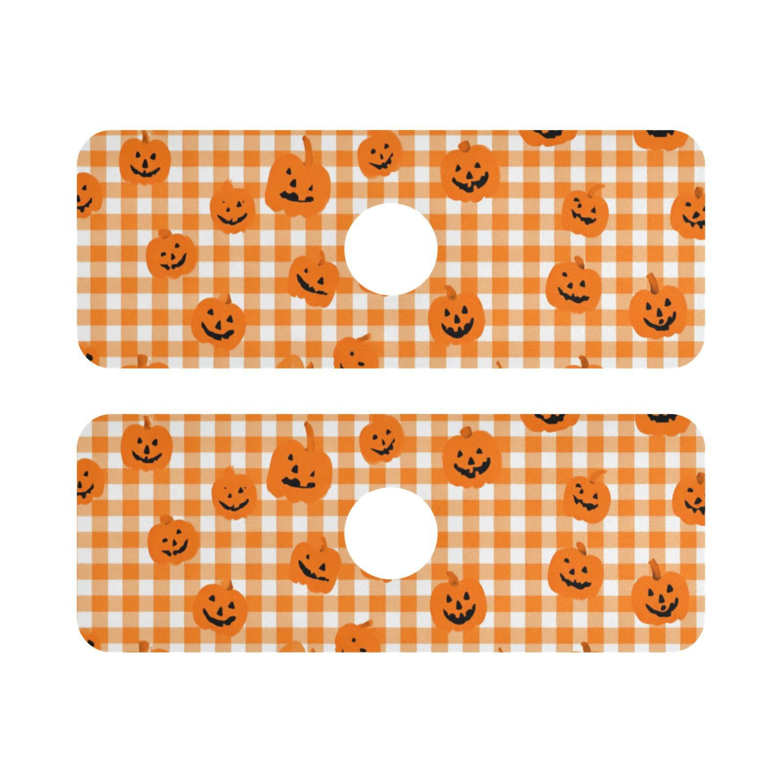 Halloween Orange Plaid Pumpkins Kitchen Sink Splash Guard Faucet Mat Diatomite Absorbent Pad for Bathroom RV 14.7x5.4in 2PCS water