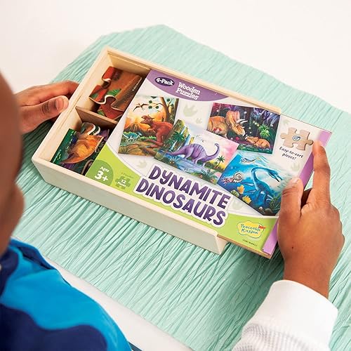 Miniatura 4 de Peaceable Kingdom Dynamite Dinosaurs - Rompecabezas de madera 4 en 1 en una caja de almacenamiento de madera, rompecabezas de dinosaurios,