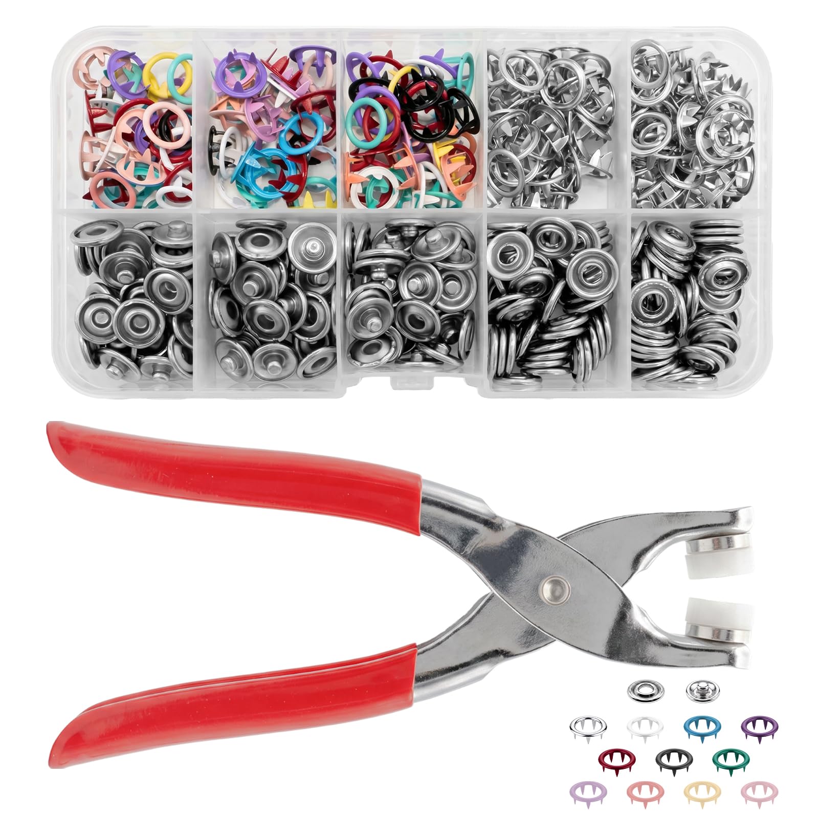 100 Sets Popper Fasteners Kit with Pressure Pliers, Snap Button Fastener Kit for DIY Crafts Clothing Sewing, Snap Installation Tool with Box (Colorful, 100)