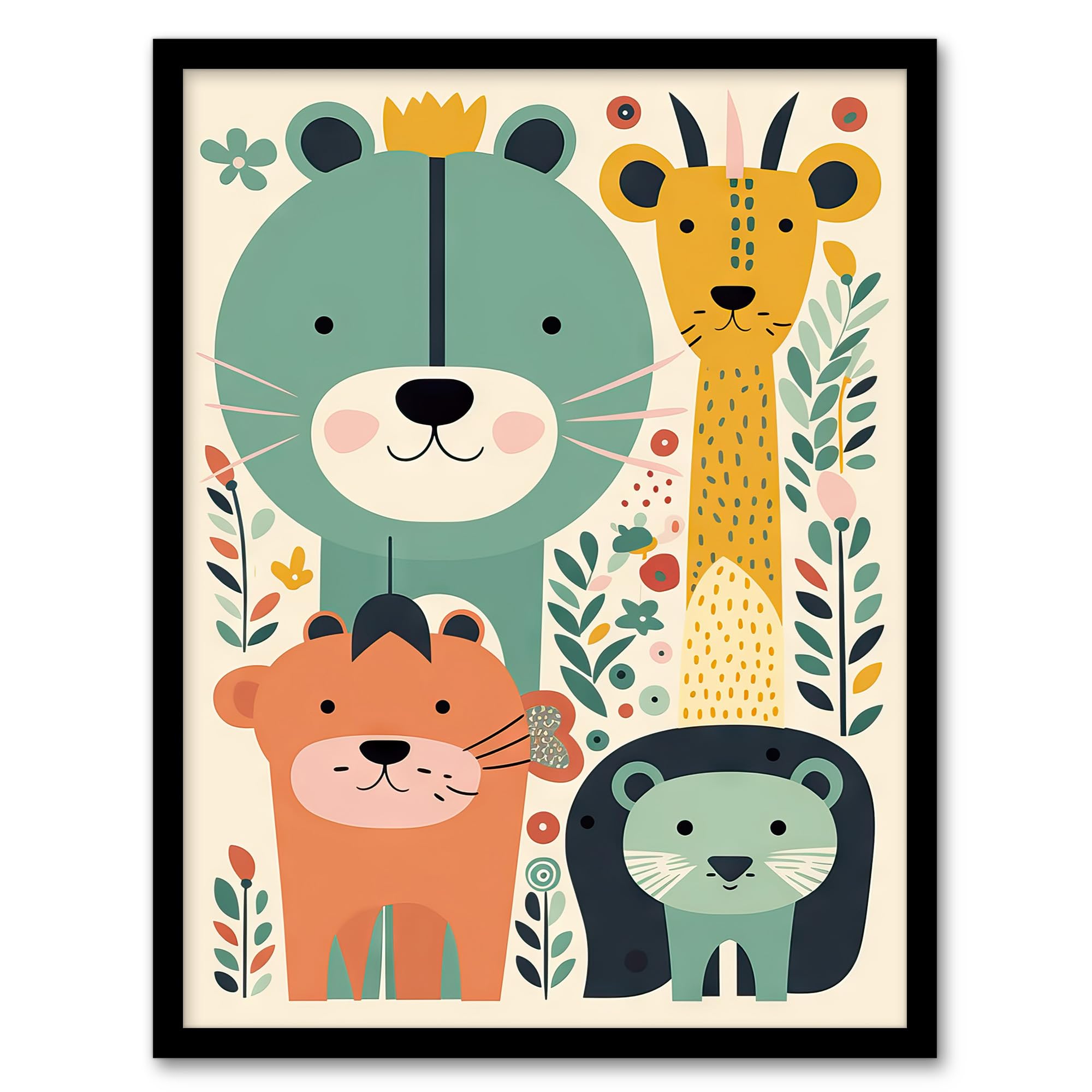 Artery8 Cute Zoo Animals Pastel Colour Graphic Artwork Jungle Forest Friends Kids Bedroom Painting Artwork Framed Wall Art Print A4