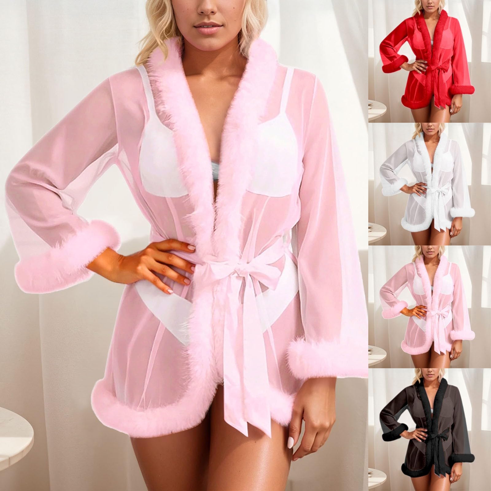 Kimono Nuisette érotique en tulle pour femme avec plumes et nuisette transparente Robe courte sexy Vêtements de nuit Grandes tailles Nuisette avec ceinture Peignoir de bain Négligé