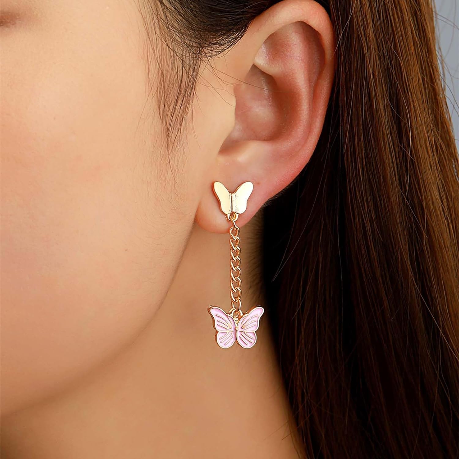 Bohemian Enamel Butterfly Dangle Earrings Gold Butterfly Tassel Drop Earrings Pink Butterfly Tassel Chain Earrings Small Butterfly Stud Earrings Jewelry for Women Gifts - Image 2