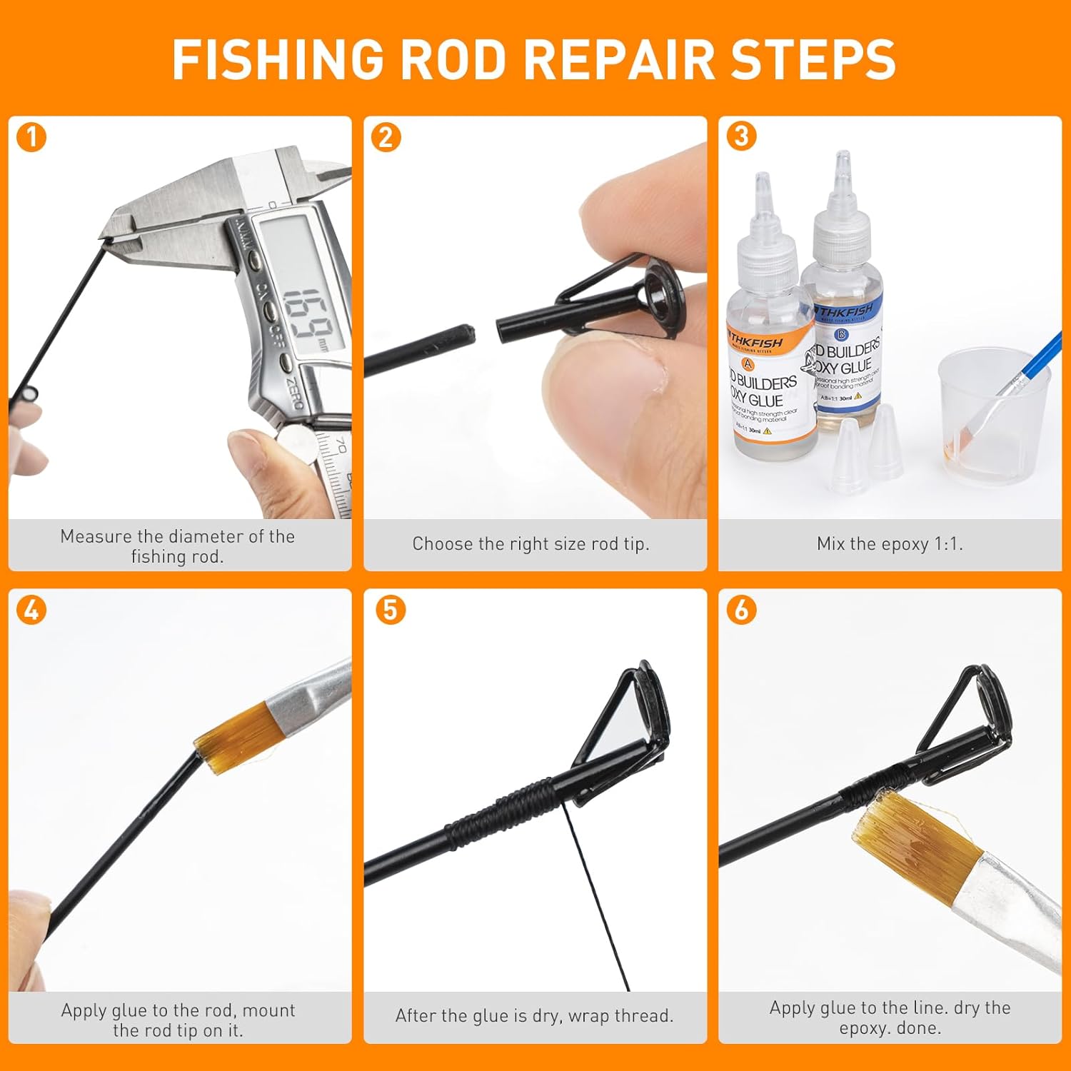 THKFISH Fishing Rod Tip Repair Kit or Rod Guides with Glue, Fishing Pole Tips Replacement Kit for Fishing Pole Tip with Rod Guides, Epoxy Glue, Wrapping Thread and Tape