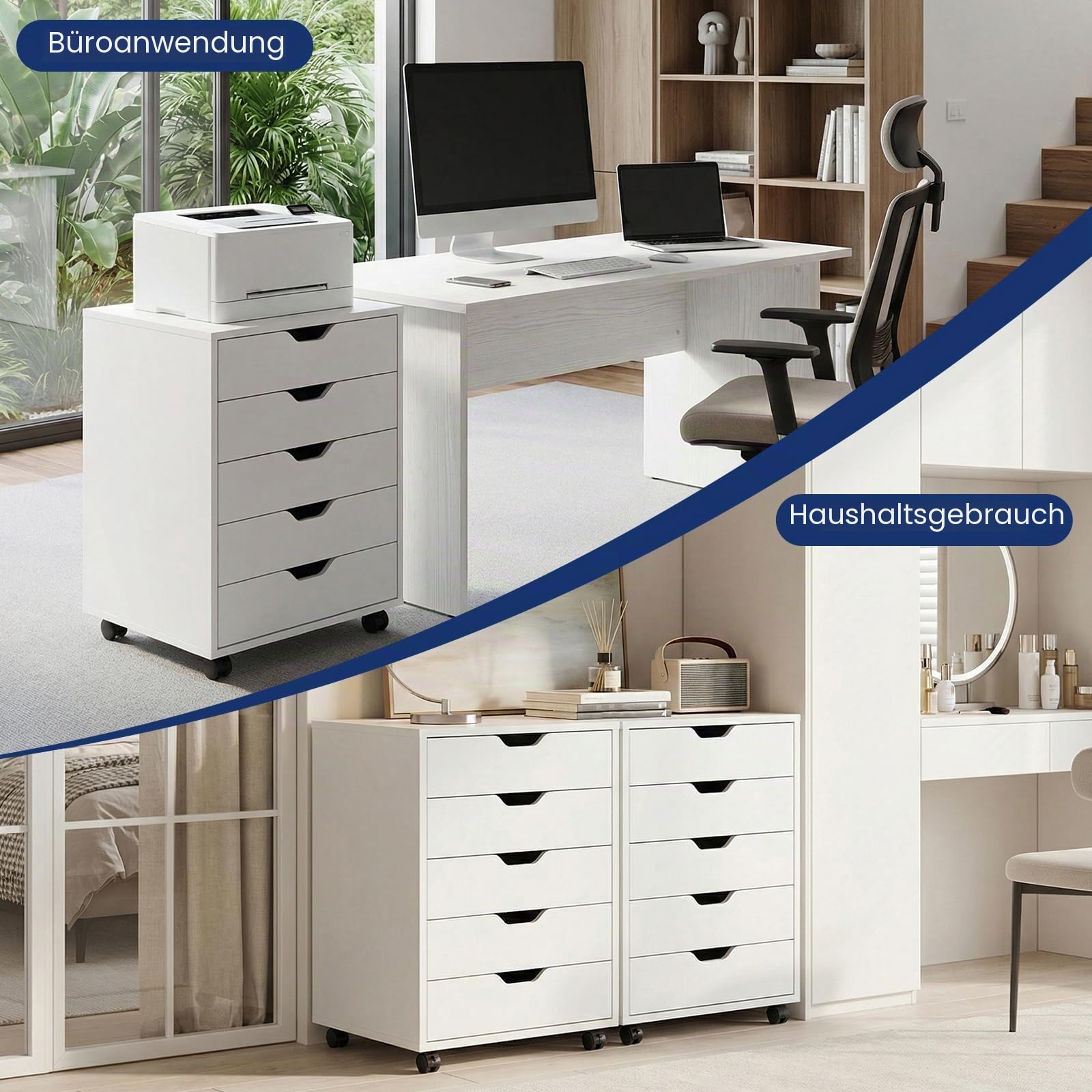 Rollcontainer mit 5 Schubladen, Mobiler Aktenschrank mit 4 Rollen, Holz Büroschrank Schreibtisch Unterschrank, Schmal Schubladenschrank Druckerschrank Weiß, 40.5cm Breit