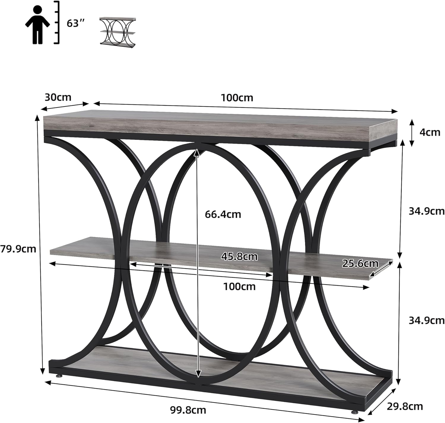 3-Tier Farmhouse Narrow Console Table – Entryway and Sofa Table with Storage Shelves, Geometric Metal Legs – Modern Accent for Living Room, Hallway, Foyer, Behind Couch – Grey