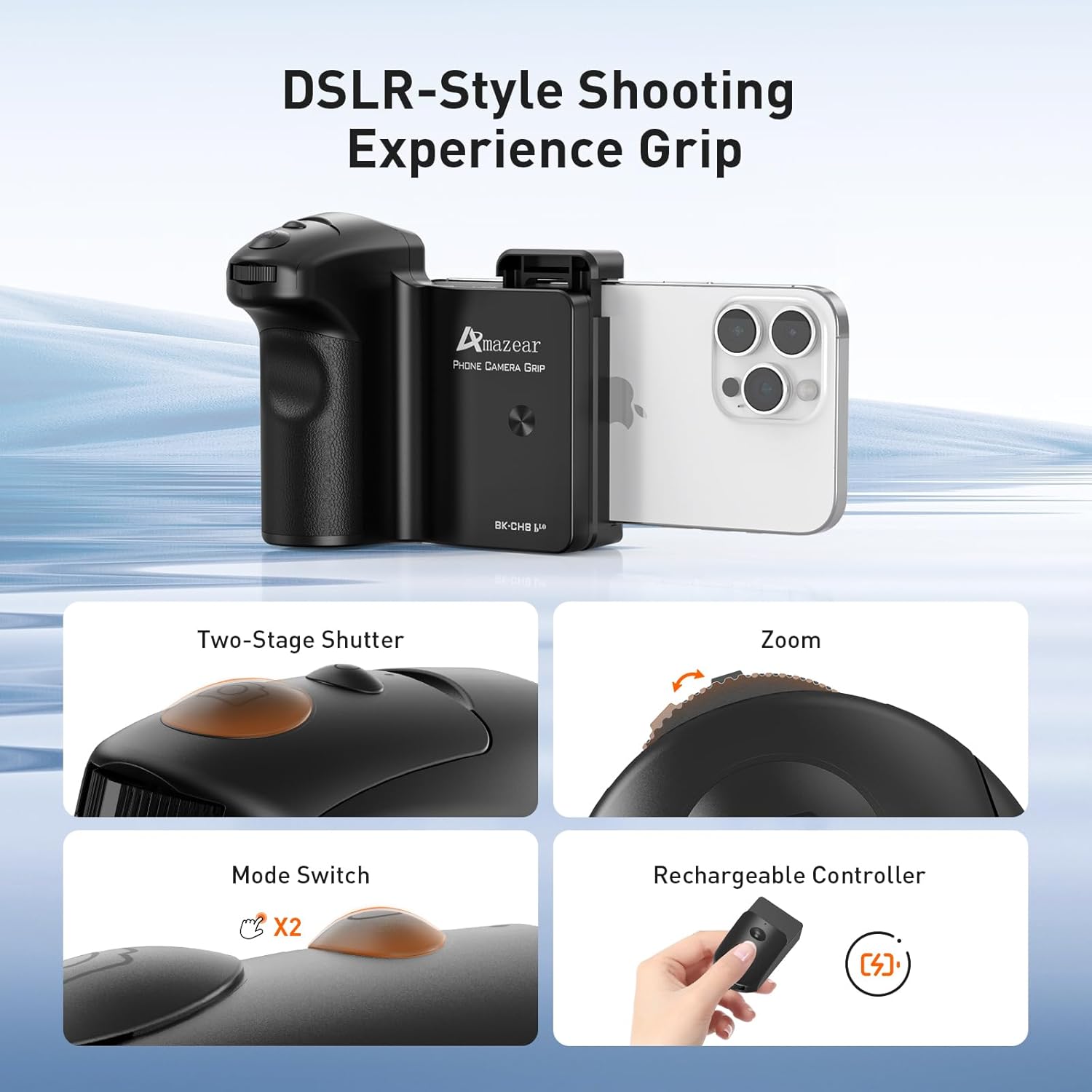AMAZEAR Shutter Grip for iPhone 17 Pro Max/Android Mobile Phones, DSLR Camera Style Cellphone Photography Handle with Bluetooth Remote for Samsung Galaxy S26 Ultra, for Google Pixel, Compatible iOS26