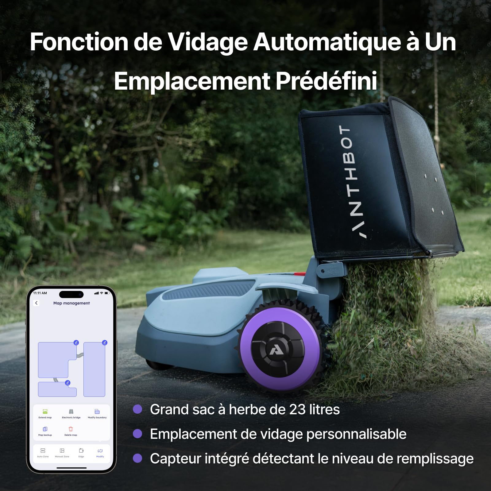 ANTHBOT 4-en-1 Robot cortacésped N8-1500㎡, NetRTK, 4G, 150㎡/h, 9.2Ah, 3 a 7 cm | Recogida de hojas muertas, Recogida de hojas muertas, derrame en una ubicación precisa, corte por zona, corte programado
