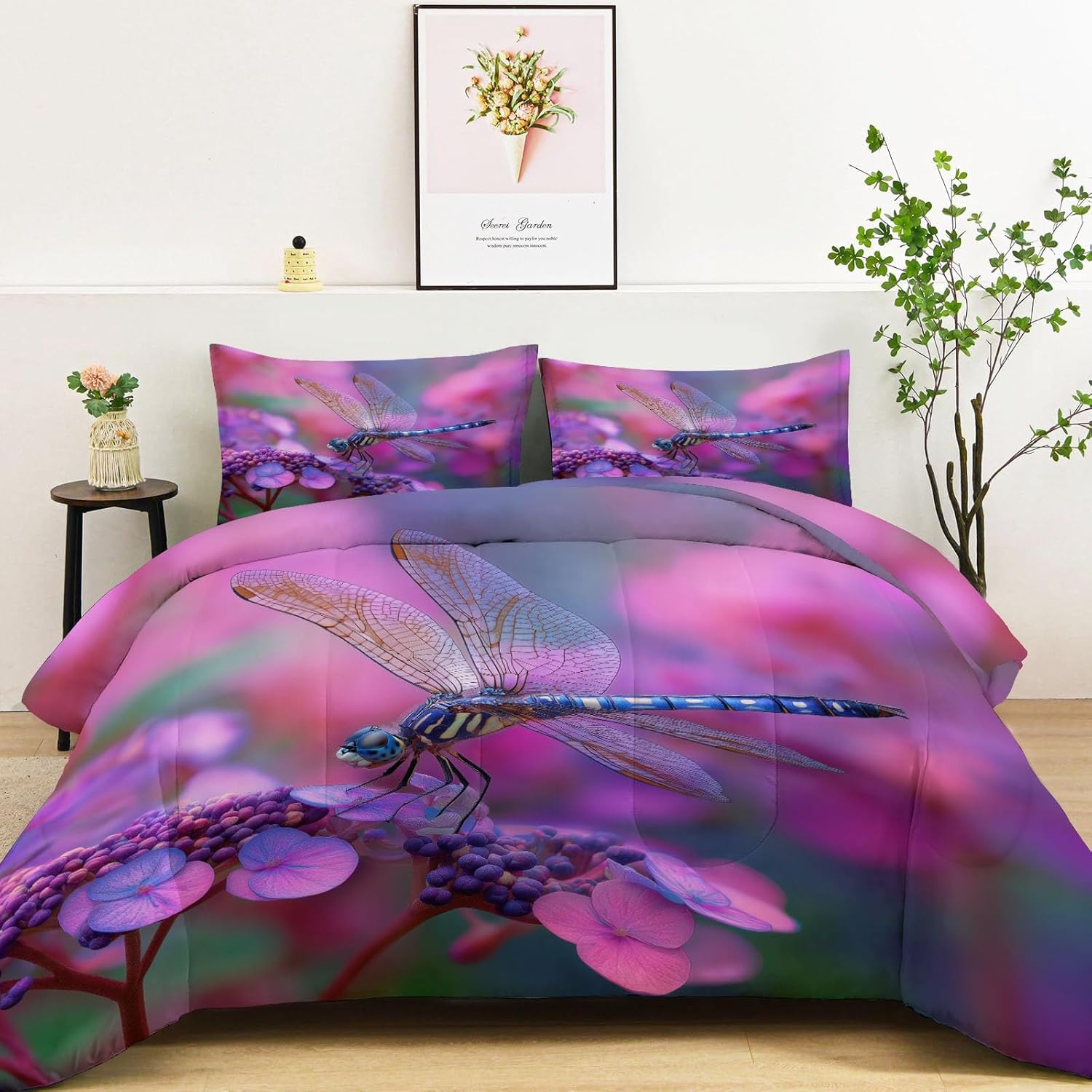 Reversible King Comforter Set Nature Animals Butterflies Plants Flowers for Kids Boys Girls, 3 Pieces Light Weighted Quilted Purple Comforter, All-Season Breathable Bedding Decor (104" x 90")
