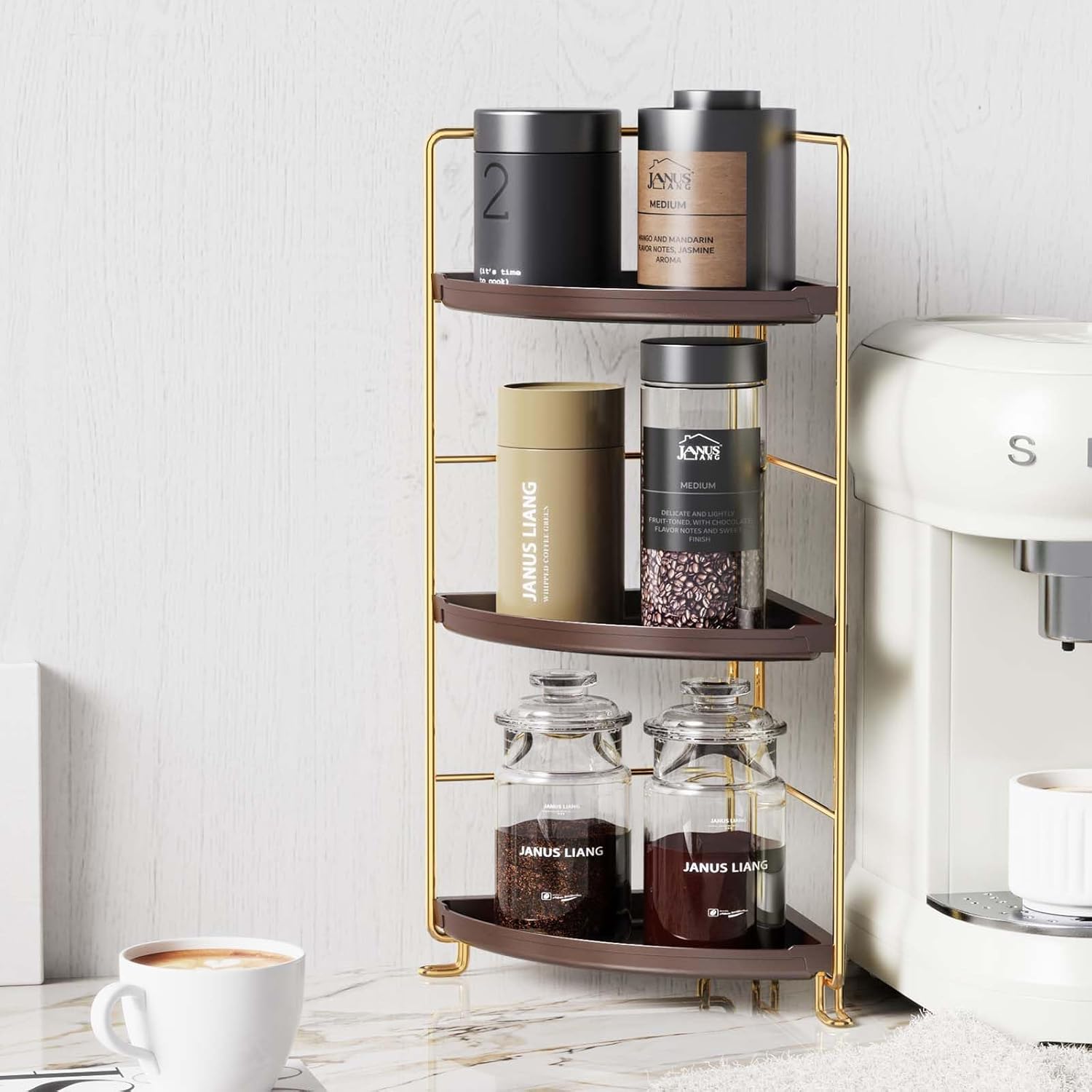 3-Tier Corner Bathroom Organizer Countertop for Storage，Counter Tray and Vanity Organizer，Plastic Counter Organizer for Kitchen, Bathroom, Dresser 10.6 inches (Gold Brown)