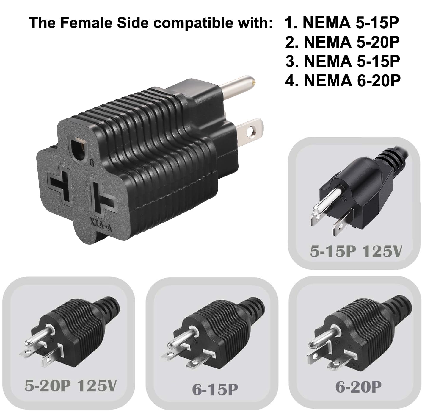 TENINYU [4-in-1] NEMA 5-15R To 5-15P 5-20P 6-15P 6-20P Adapter,15 Amp Household Plug to 20 Amp T-Blade Female Adapter,15 Amp Male To 20 Amp Female Plug Outlet 3 Prong Household T-Blade Adapter (1)