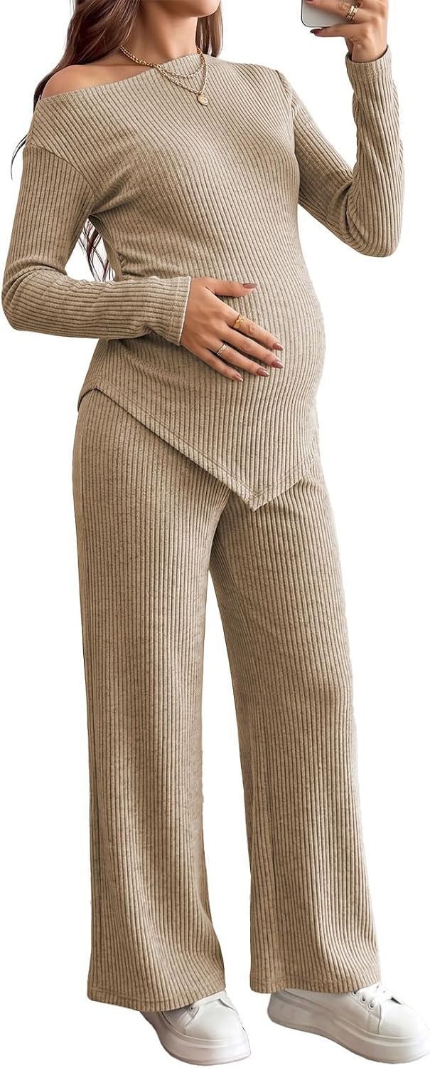 BLENCOT Maternity 2Pc Outfits One Shoulder Top Straight Leg Pants | Asymmetrical Hem Adjustable Waist Soft Pregnancy Loungewear for Home & Outdoor Irregular Top