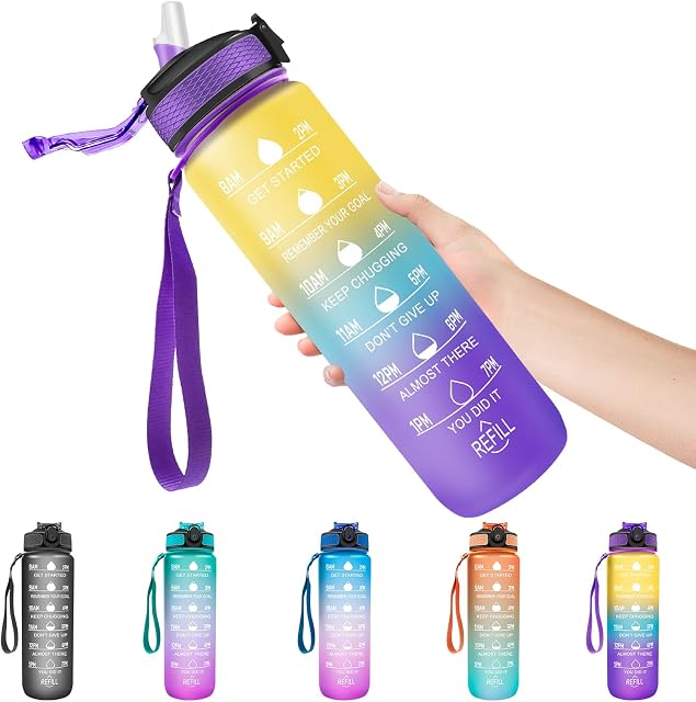 Sport Water Bottle 1L, Motivational Water Bottle with Straw & Time Maker, BPA Free, Leakproof & Secure Locking Lid, Tritan Plastic Drink Bottle for School/Cycling/Running/Gym (Yellow blue purple)