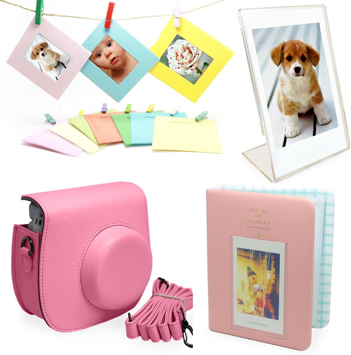 Fujifilm Instax Mini 8 Instant Camera Accessories Bundle [Includes: Pink Case, Shoulder Strap, Pink Photo Album, Clear Photo Stand for Instant Film Photos, Colorful Frames with Clips and Rustic Twine Rope for Hanging]