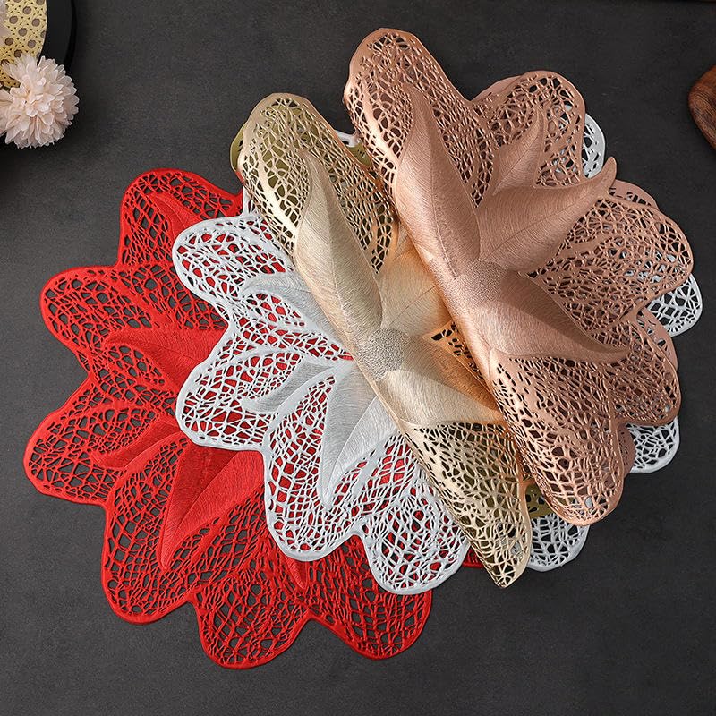 Image of 4 Pack Western-Style Flower Placemat Dining Table Decorative PVC Heat-Resistant Table Mat Plastic Table Mats for Table Decor Festive Season (Gold, Silver, Red, Rose Gold Colors)