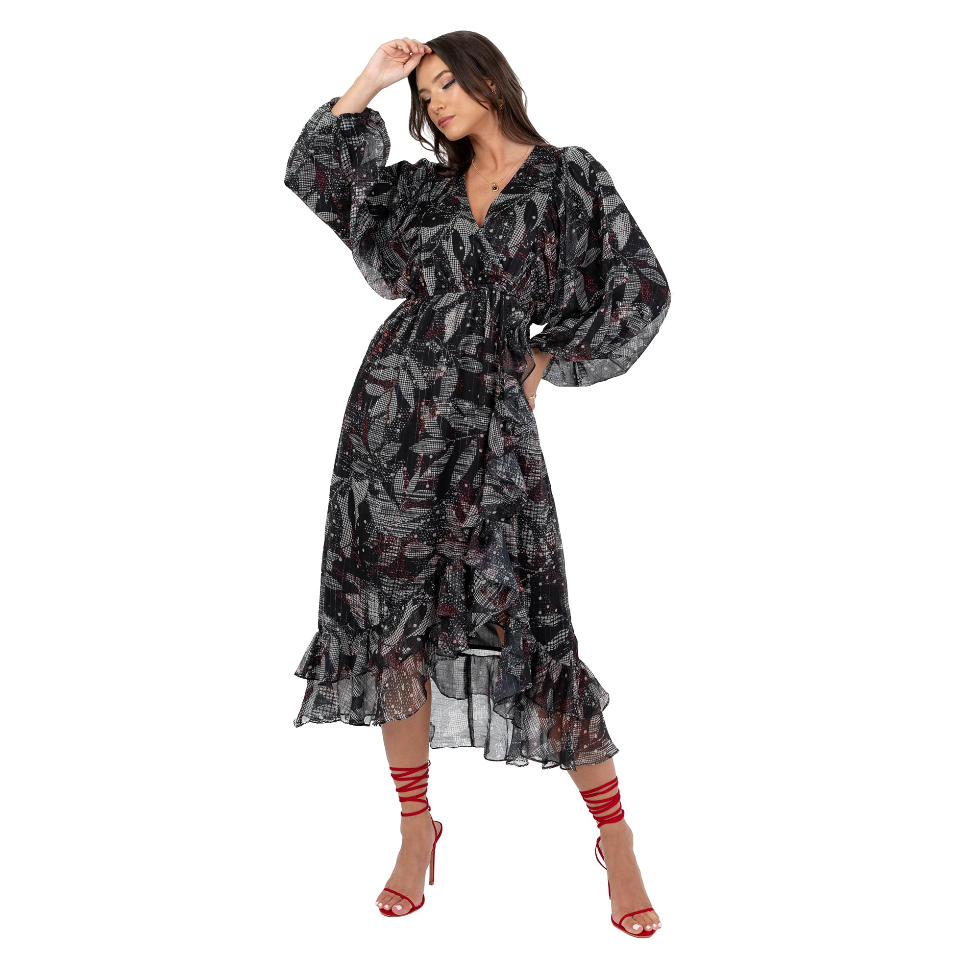 Lovedrobe Women's Midaxi Dress Ladies Long Balloon Sleeve V-Neck Faux Wrap Ruffle Frilly for Wedding Guest Party Occasion Casual, Black, 8