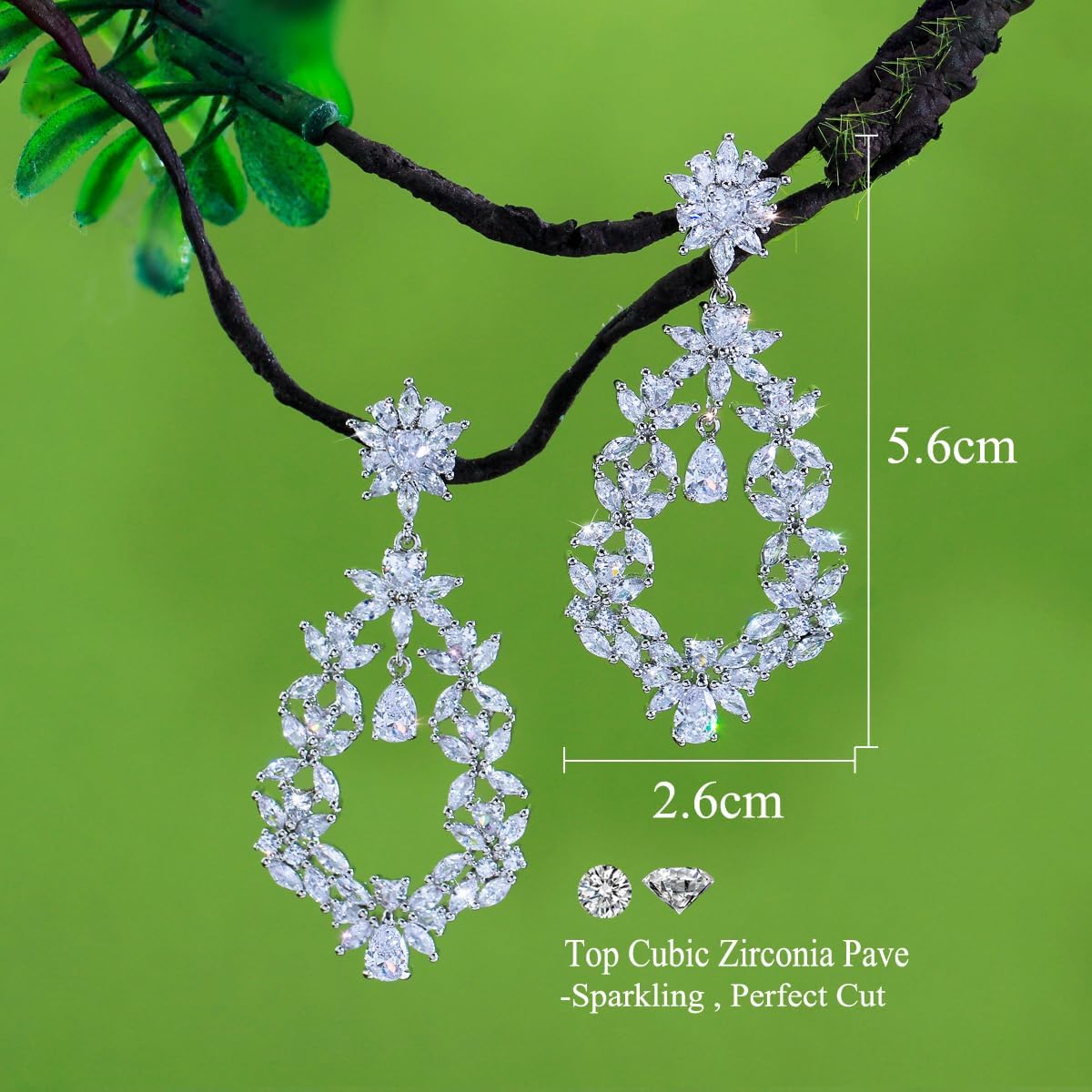 Cubic Zirconia Flower Dangle Drop Earrings, Long Statement Bridal Wedding Party Jewelry with Leaf Design, Clear Crystal - Image 5