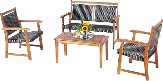 Tangkula 4 Pieces Patio Rattan Conversation Set with Acacia Wood Frame, Patiojoy Outdoor Furniture Set with Chairs & Coffee Table, Sectional Furniture Set for Garden, Backyard, Poolside