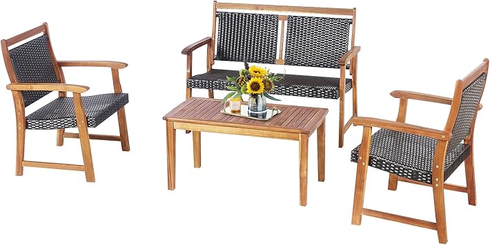 Tangkula 4 Pieces Patio Rattan Conversation Set with Acacia Wood Frame, Patiojoy Outdoor Furniture Set with Chairs & Coffee Table, Sectional Furniture Set for Garden, Backyard, Poolside