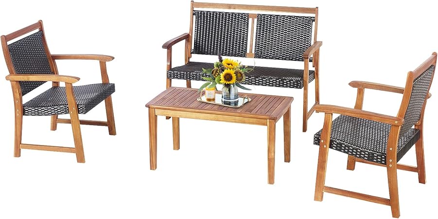 Tangkula 4 Pieces Patio Rattan Conversation Set with Acacia Wood Frame, Patiojoy Outdoor Furniture Set with Chairs & Coffee Table, Sectional Furniture Set for Garden, Backyard, Poolside
