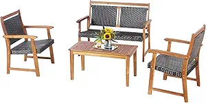 Tangkula 4 Pieces Patio Rattan Conversation Set with Acacia Wood Frame, Patiojoy Outdoor Furniture Set with Chairs & Coffee Table, Sectional Furniture Set for Garden, Backyard, Poolside
