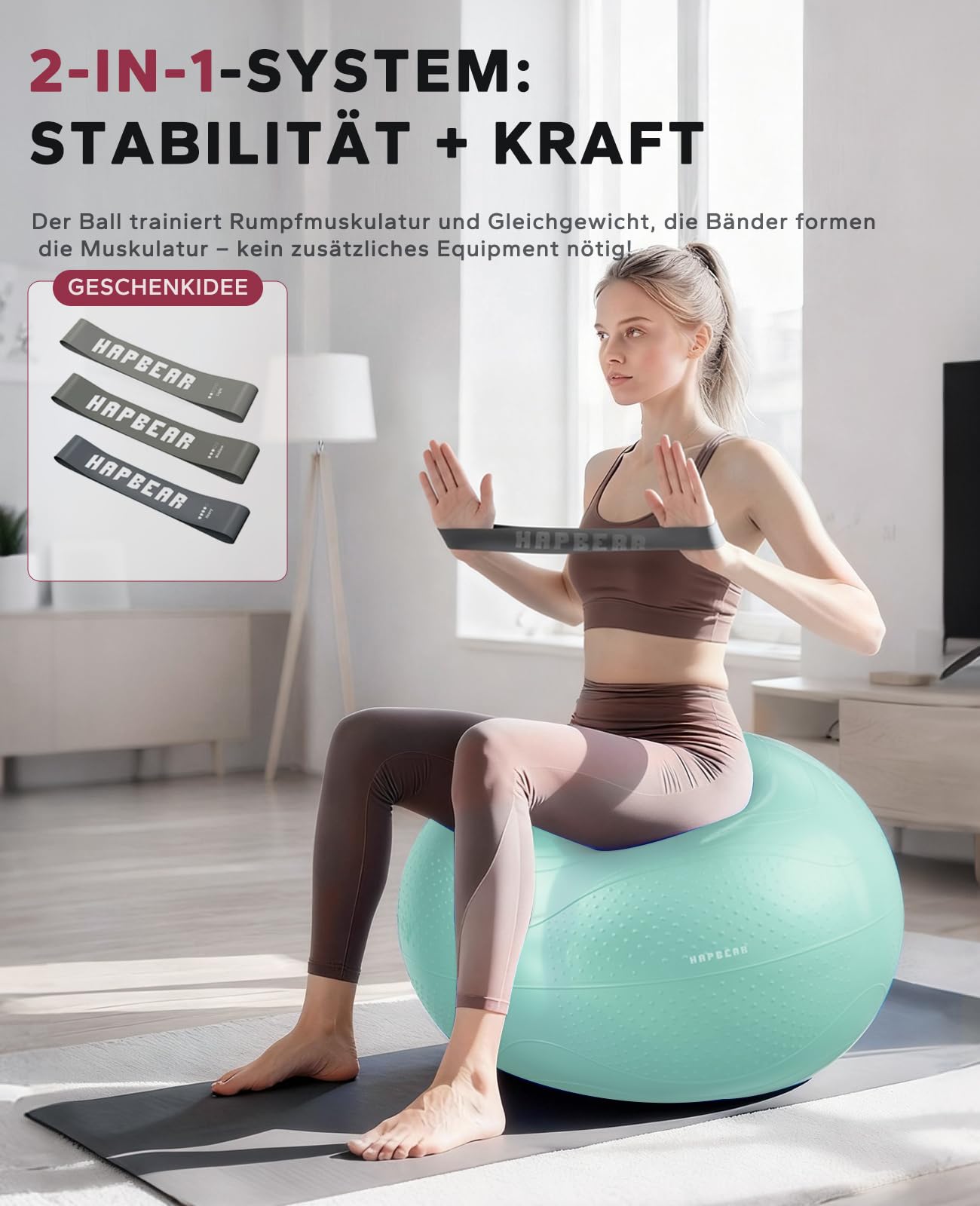 HAPBEAR Gymnastikball & Sitzball (55/65/75 cm) – Anti-Burst, rutschfest Mit Massage-Noppen, Extra Dickes PVC, Bis 200 Kg – Komplettset Mit Fußpumpe & 3 Widerstandsbändern für Fitness, Büro & Yoga