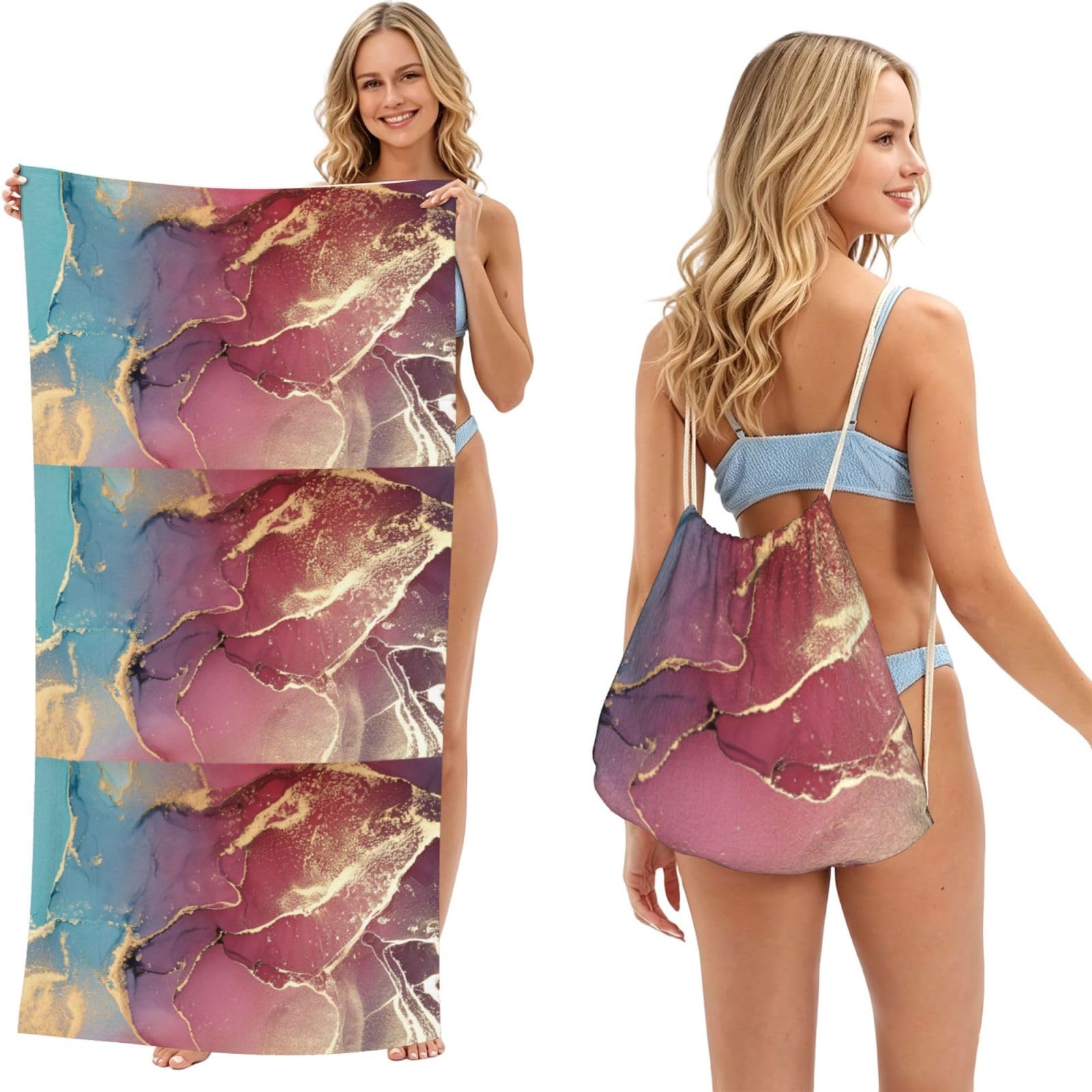 Poadnly As Picture Marble Texture, 2 In 1 Packable Towel Bag, Beach Towels With Drawstring Backpack For Travel Holiday Camping