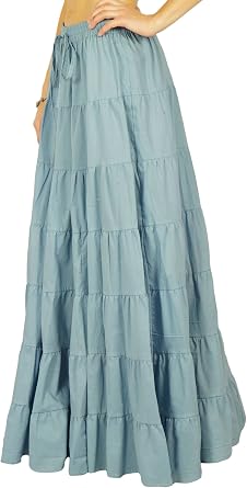 Solid Long Maxi Cotton Beach Wear Skirt for Women Elastic Waist Skirt Summer Wear