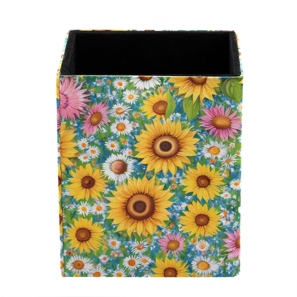HEOEH Sunflower Daisies Pen Holder Pen Pot, Square Pencil Cup for Desk