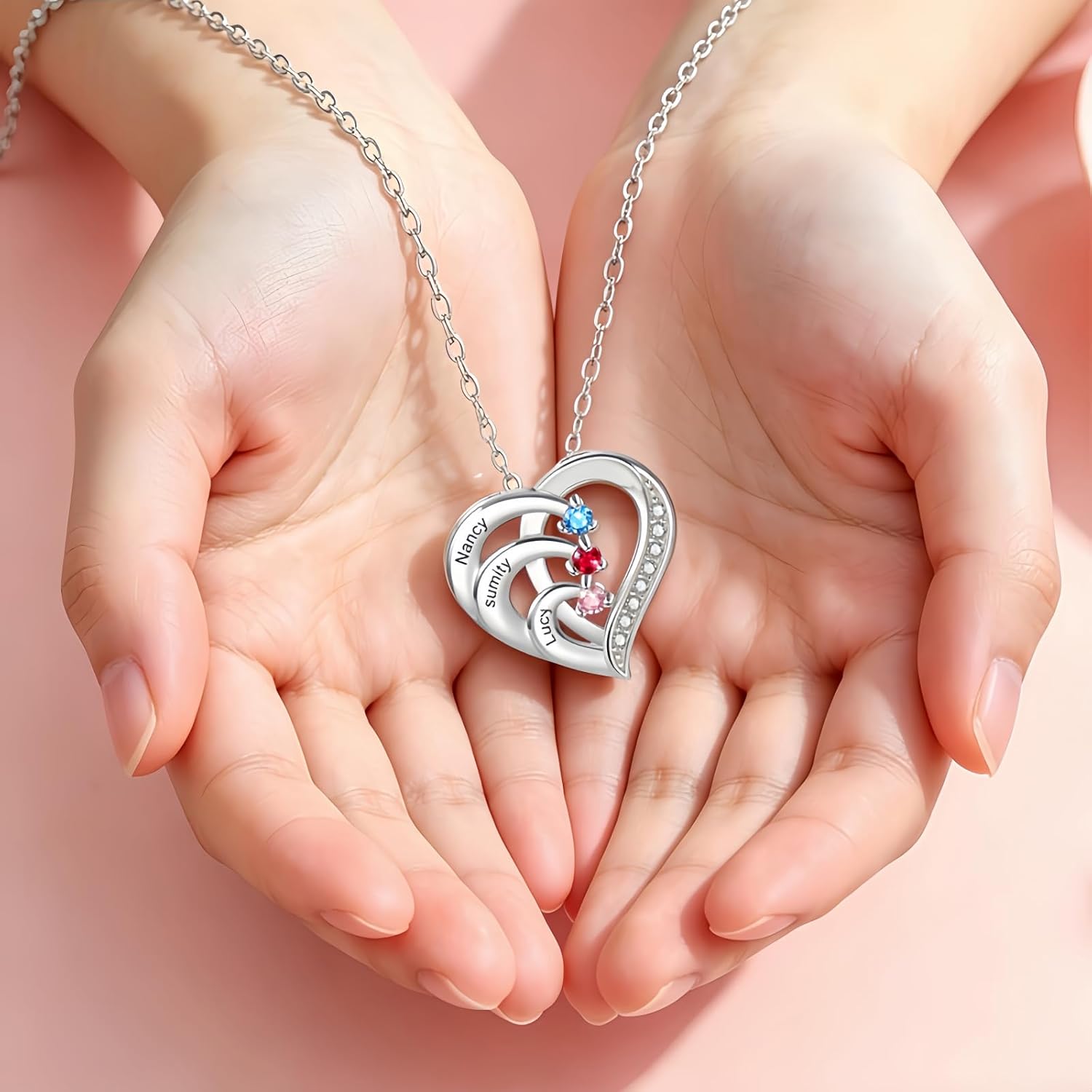 925 Sterling Silver Personalized Mother Necklace Birthstone Necklace for Women Chain Heart Pendant with Engraved Names, Gift for Mom, Grandma, Wife, Christmas, Mother’s Day, Anniversary, Birthday