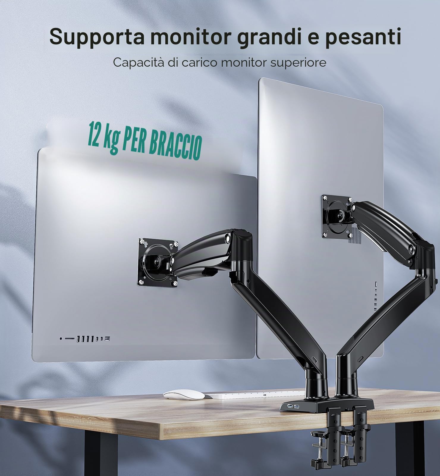 HUANUO Supporto per schermo PC 2 schermo ultra largo da 15 a 35 pollici, braccio per schermo PC con cavo USB, braccio schermo PC a movimento completo, peso fino a 12 kg