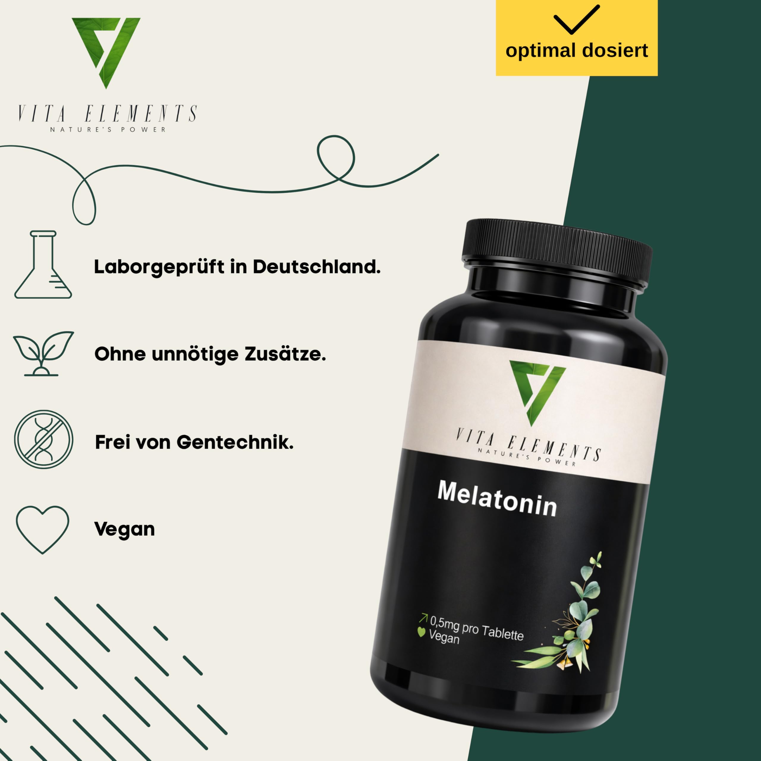 Vita Elements Melatonin - 365 Tabletten - 0,5mg Melatonin pro Tagesdosis - Jahresvorrat - Vegan - Ohne Magnesiumstearat - Laborgeprüft - Mini Tabletten
