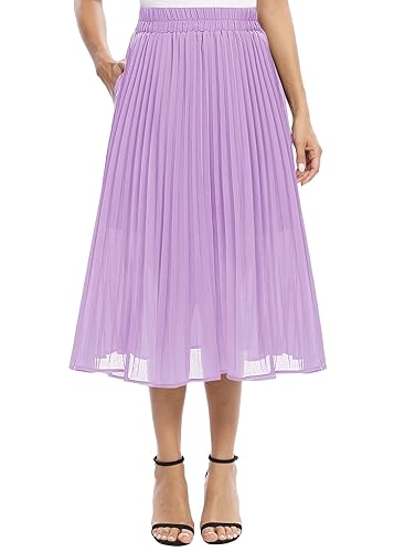 EXCHIC Women's Casual Chiffon Elastic Waist A-Line Pleated Midi Skirt