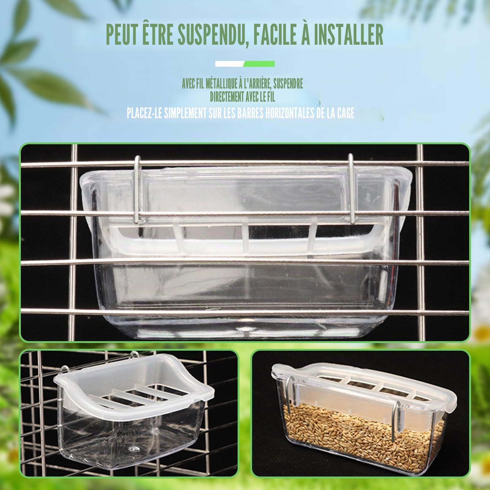 Lot de 2 mangeoires en plastique pour cage à oiseaux, mangeoires à suspendre pour perroquets, petits oiseaux, perroquets, calopsittes, pigeons, canaris (transparent)