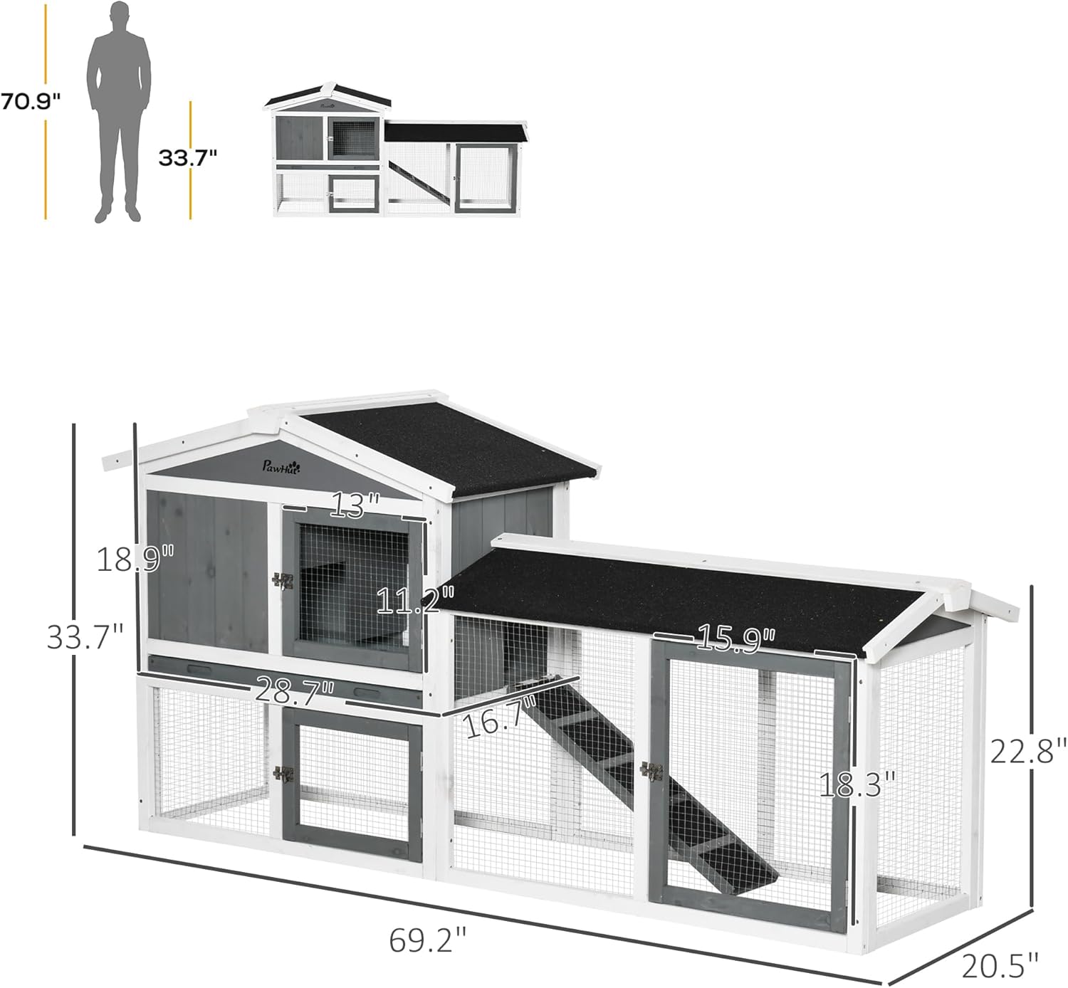 PawHut 69" Rabbit Hutch, Wooden Bunny Hutch, Guinea Pig Cage, Small Animal Enclosure with Run Area, Removable Tray, Asphalt Roof, Lockable Doors and Ramp, White