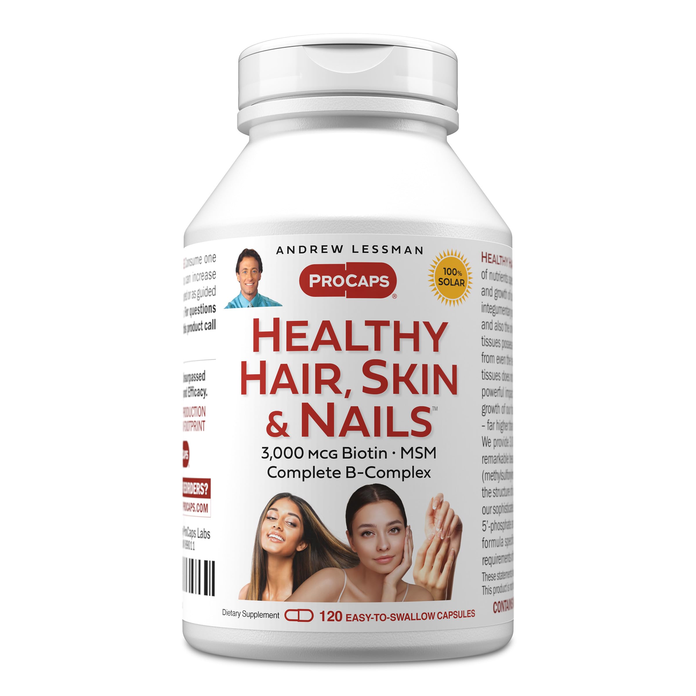 ANDREW LESSMAN Healthy Hair, Skin and Nails 120 Capsules - 3000 mcg High Bioactivity Biotin, B-Complex. Promotes Beautiful Skin, Strong Nails. No Additives Hair Growth Vitamins Biotin Supplement
