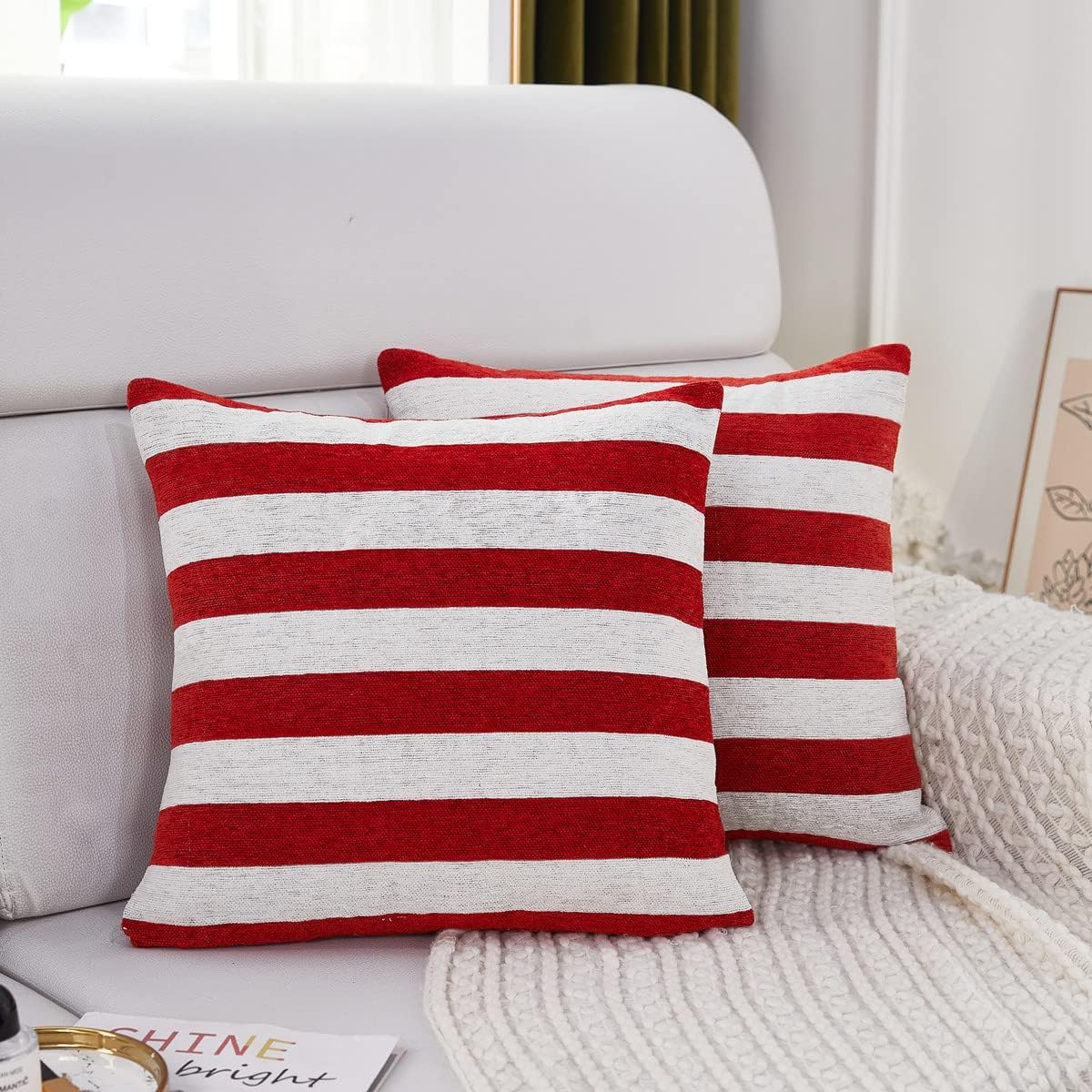 Sunday Praise Set of 2 Soft Chenille Decorative Patriotic Throw Pillow Covers July 4th Stripe Accent Square Cushion Cover Case Sham for Couch Sofa Bed Car 24 x 24 Inch 60x60cm (Red and White)