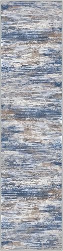 Miniatura 8 de KOZYFLY Alfombra moderna abstracta lavable de 2.6 x 10 pies, antideslizante, suave, alfombra de camino de cocina, alfombra a rayas azules óxido para