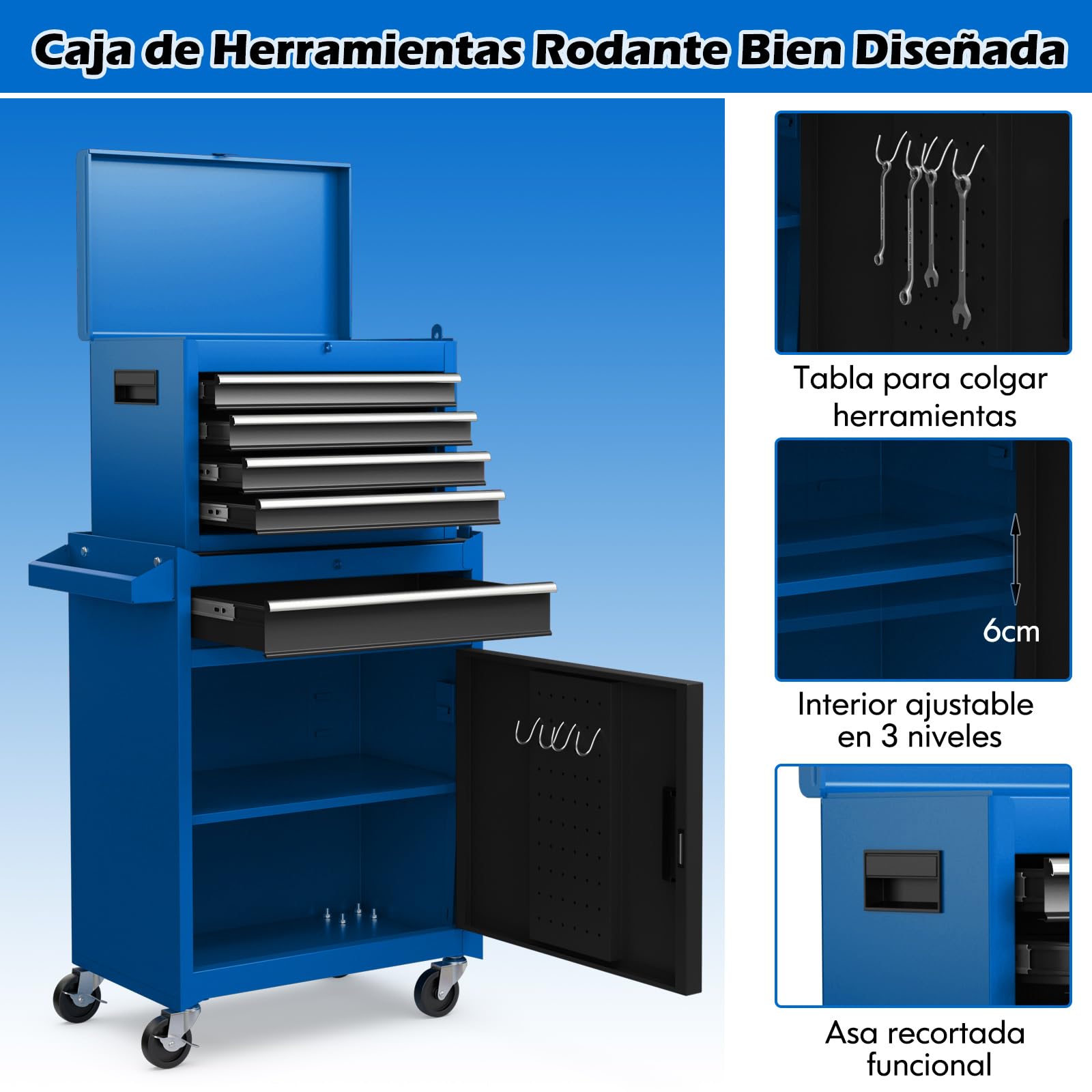 COSTWAY Caja para Herramientas Rodante de 5 Cajones, Armario para Herramientas de Gran Capacidad con Ruedas Bloqueables, Estante Ajustable y Forro Antideslizante para Garaje (Azul y Negro)