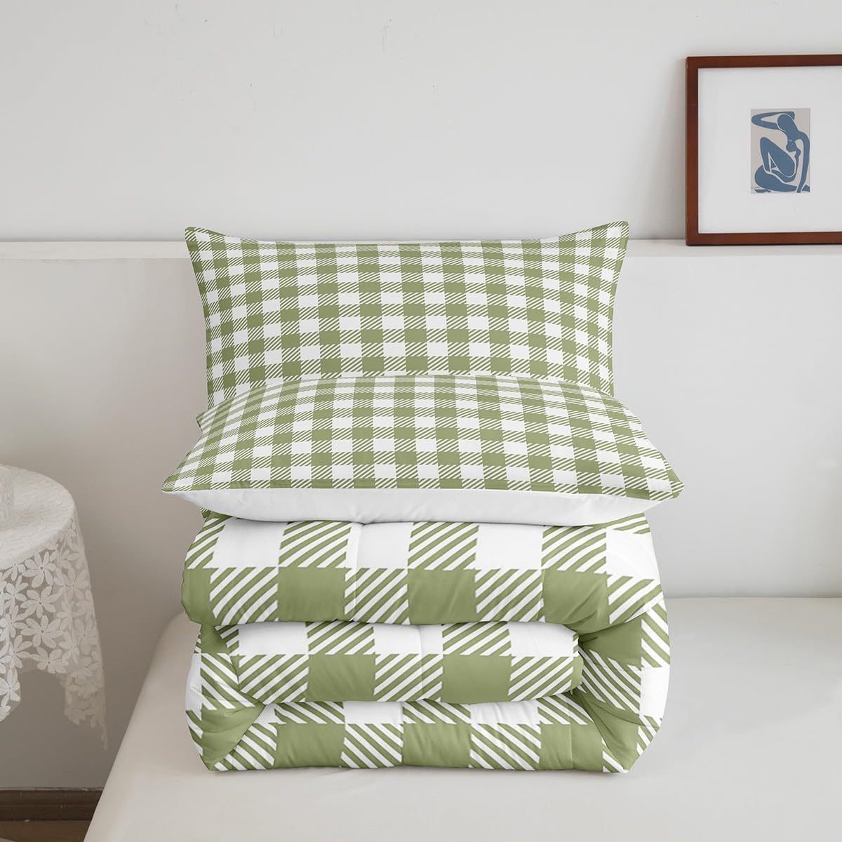 Manfei Green Plaid Comforter Set Buffalo Check Plaid Bedding Set Classic Gingham Pattern Bedding Home Decor Light Green White Scottish Comforter Twin Size Quilted Duvet Set with 1 Pillowcase
