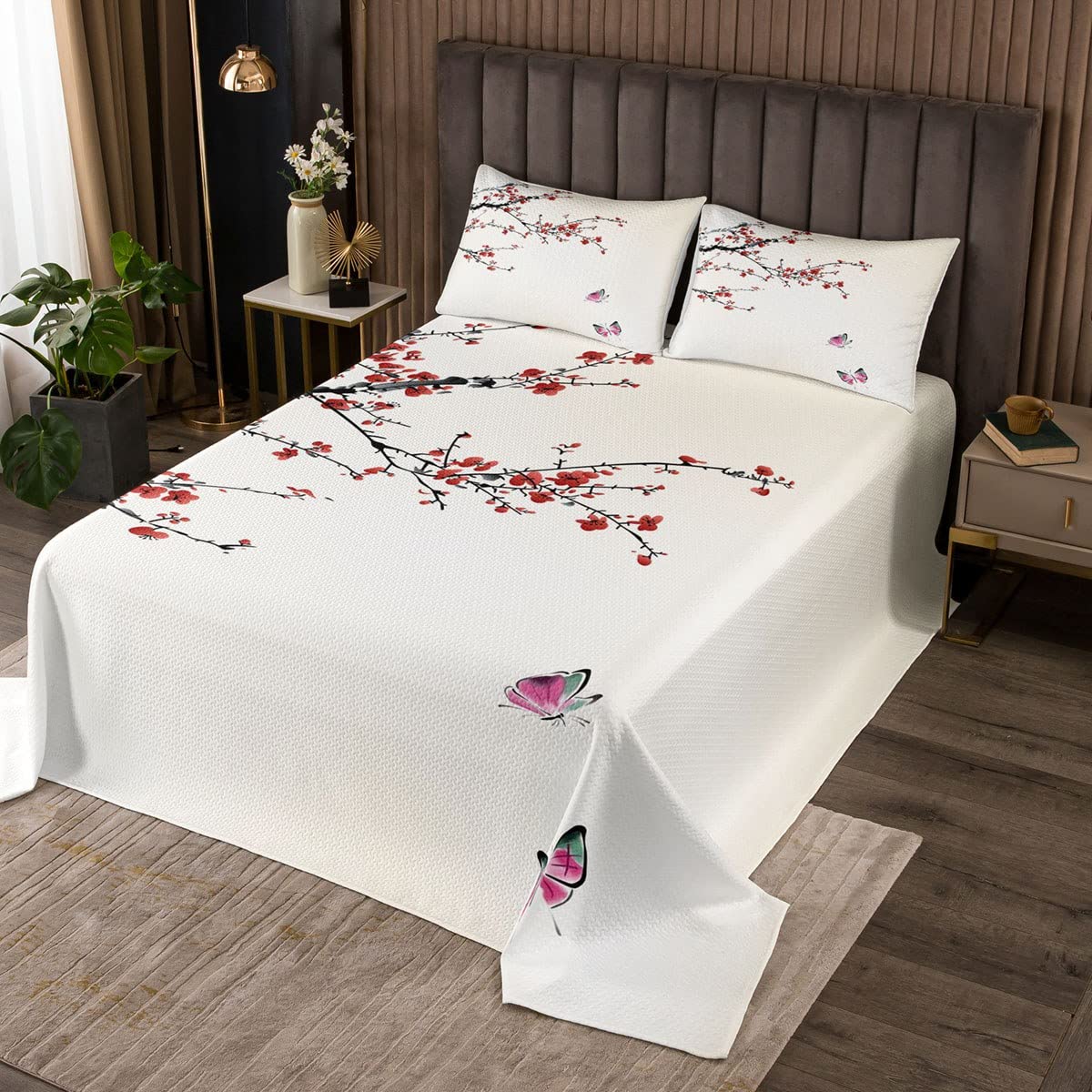 Homemissing Boys Multicolored 1 Japanese Ukiyoe Quilted Coverlet Set Cherry Blossoms Quilted Bedspread For Kids Girls Japanese Style Beige Butterfly Botanical 2Pcs Single Size
