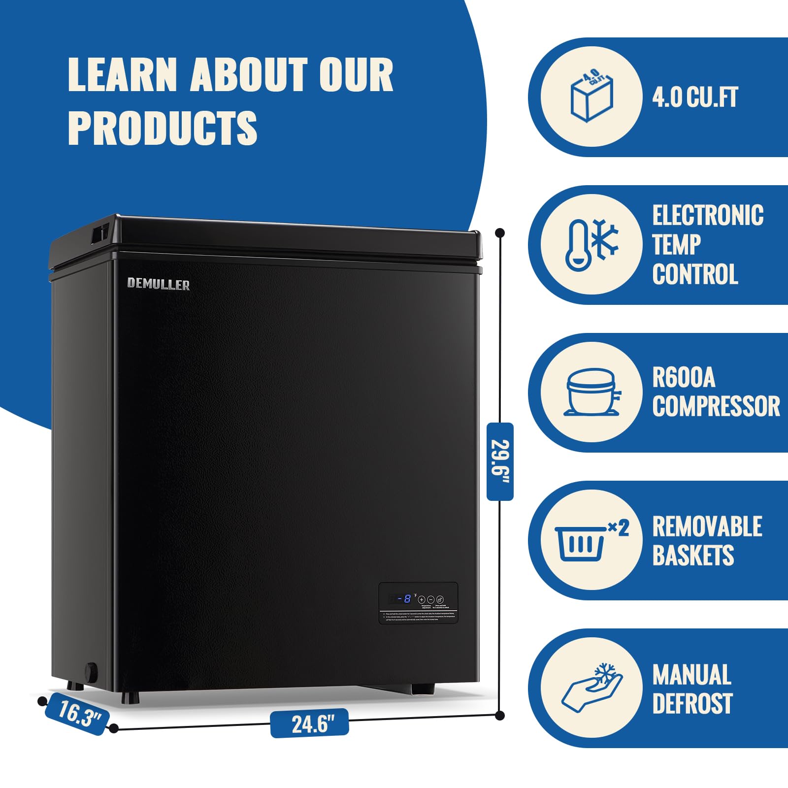 DEMULLER 79L Chest Freezer with Electronic Panel Mini Deep Freezers with Two Wire Baskets Compact Size & Low Noise & Rapid Cooling White on Fridge.com