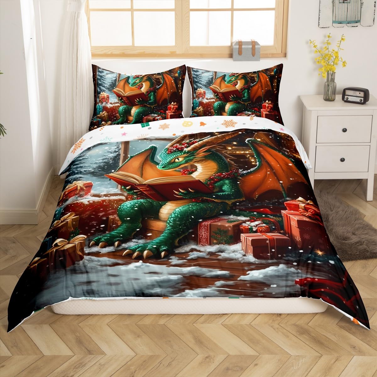Manfei Christmas Kids Duvet Cover Set Super King, Green Flying Dragon Bedding Set for Boys Girls Room Decor, New Year Theme Comforter Cover, Lightweight Bedspread Cover, 2 Pillowcases, No Comforter