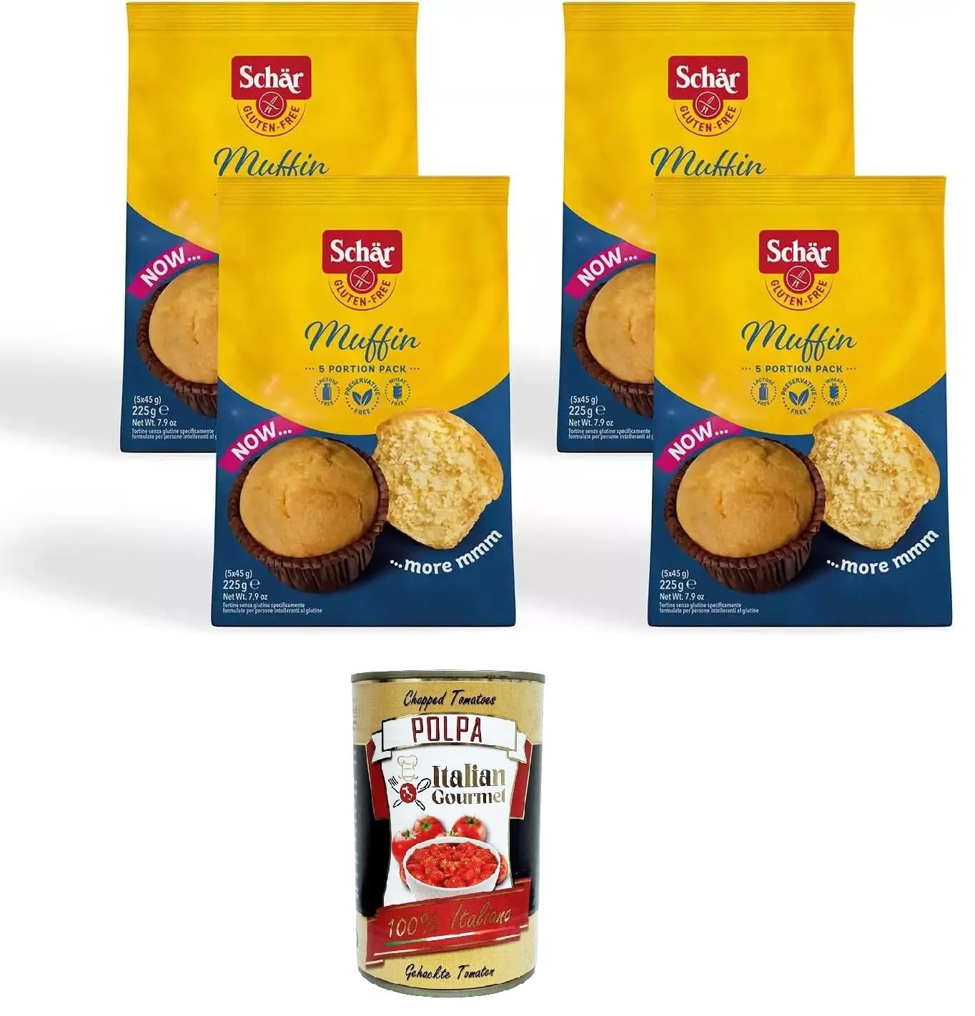 Schar Muffin senza glutine, senza olio di palma e senza conservanti Glutenfreie Muffins, ohne Palmöl und ohne Konservierungsstoffe 4x225gr + Italian Gourmet polpa 400g