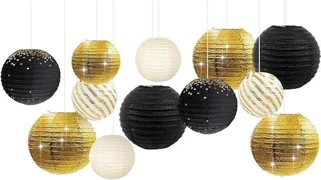 NICROLANDEE Black and Gold Party Decorations - 12Pcs Black Gold Metallic Foil Paper Lanterns Decorative for Birthday, Weddings, Baby Showers, Graduations, Garden Party, Anniversary Decorations