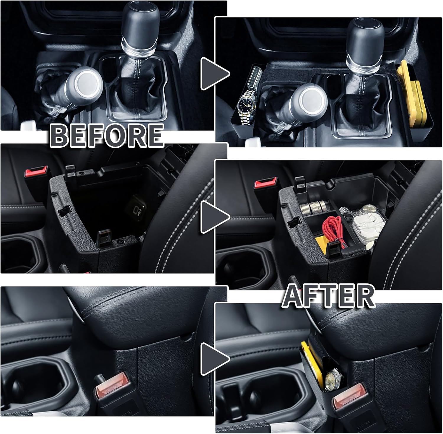 2025 2024 2023 2022-2018 3 Pcs Center Console Organizer for Jeep Wrangler JL JLU Accessories & Jeep Gladiator JT Accessories &Rubicon Sahara Gear Shift Side Tray Organizer Hanging Armrest Storage Box