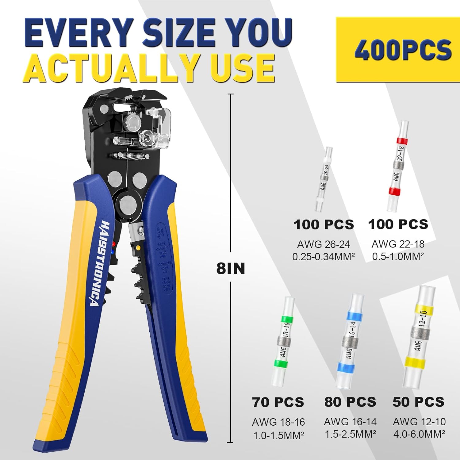 haisstronica 400PCS Solder Seal Wire Connectors Kit with 10-24 AWG Self-Adjusting Automatic Wire Stripper Tool, Waterproof Heat Shrink Butt Terminals for Car, Marine, Trailer, DIY Wiring Projects