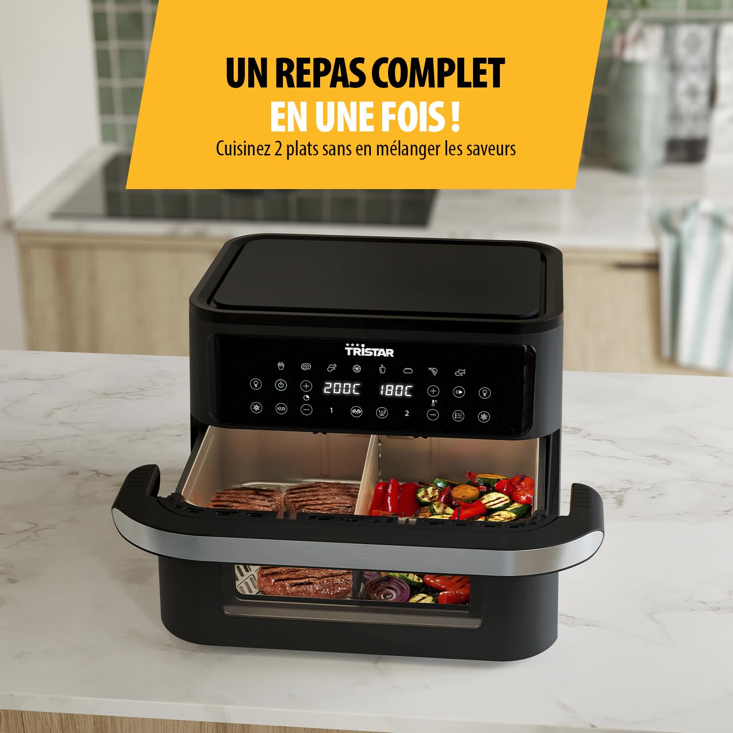 Tristar Friteuse Sans Huile Dualzone Flex, 10 L, 2800 W, 8 Programmes, Écran Digital, Cuisson Sans Huile, Arrêt Automatique, Revêtement Antiadhésif, Pièces Lavables, FR-9432, Noir