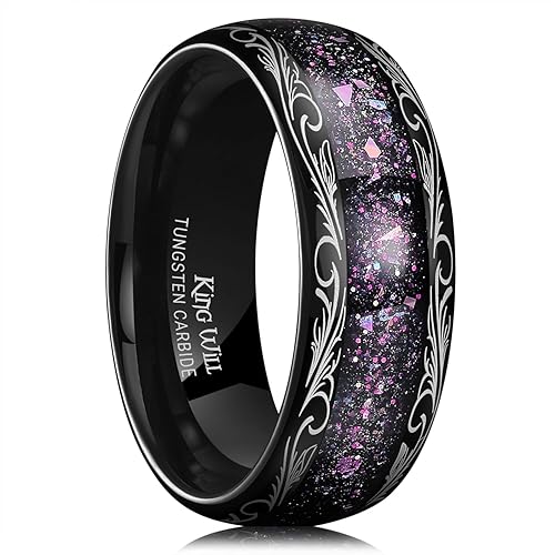 King Will Anillos de carburo de tungsteno para hombres, 8 mm Banda de boda con incrustaciones de flujo de arenaágata verde, cúpula altamente pulida